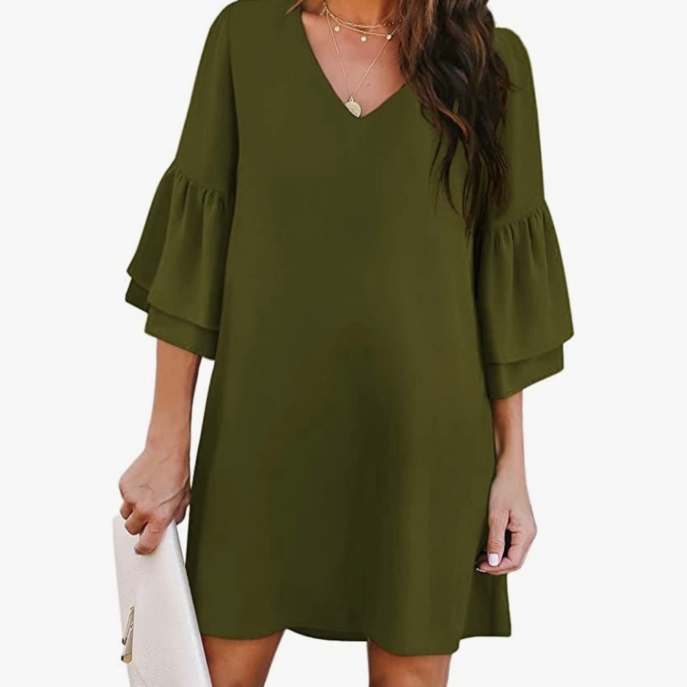 Olive Green Bell Sleeve Shift Mini Dress